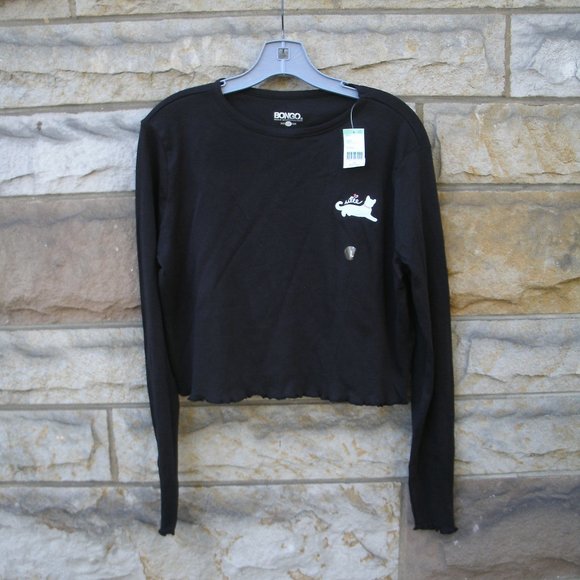 Bongo Black Cropped Long Sleeve Cat Shirt Size LG Junior - Picture 1 of 12